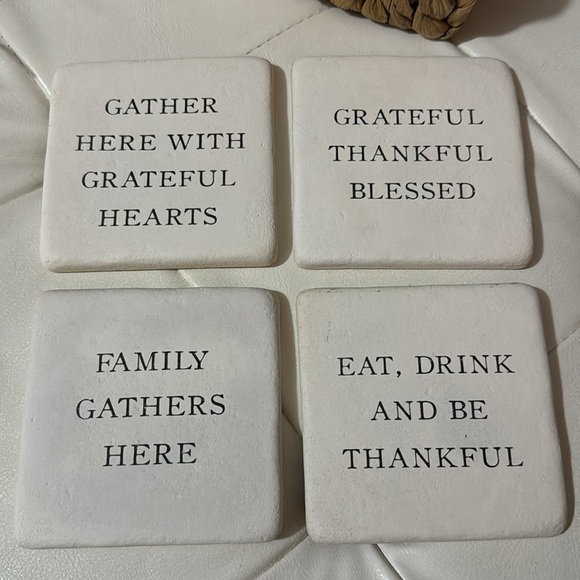 NWT Set of 4 Coasters-Ceramic/Limestone-Printed Phrase-Basket To Store In - Picture 8 of 12